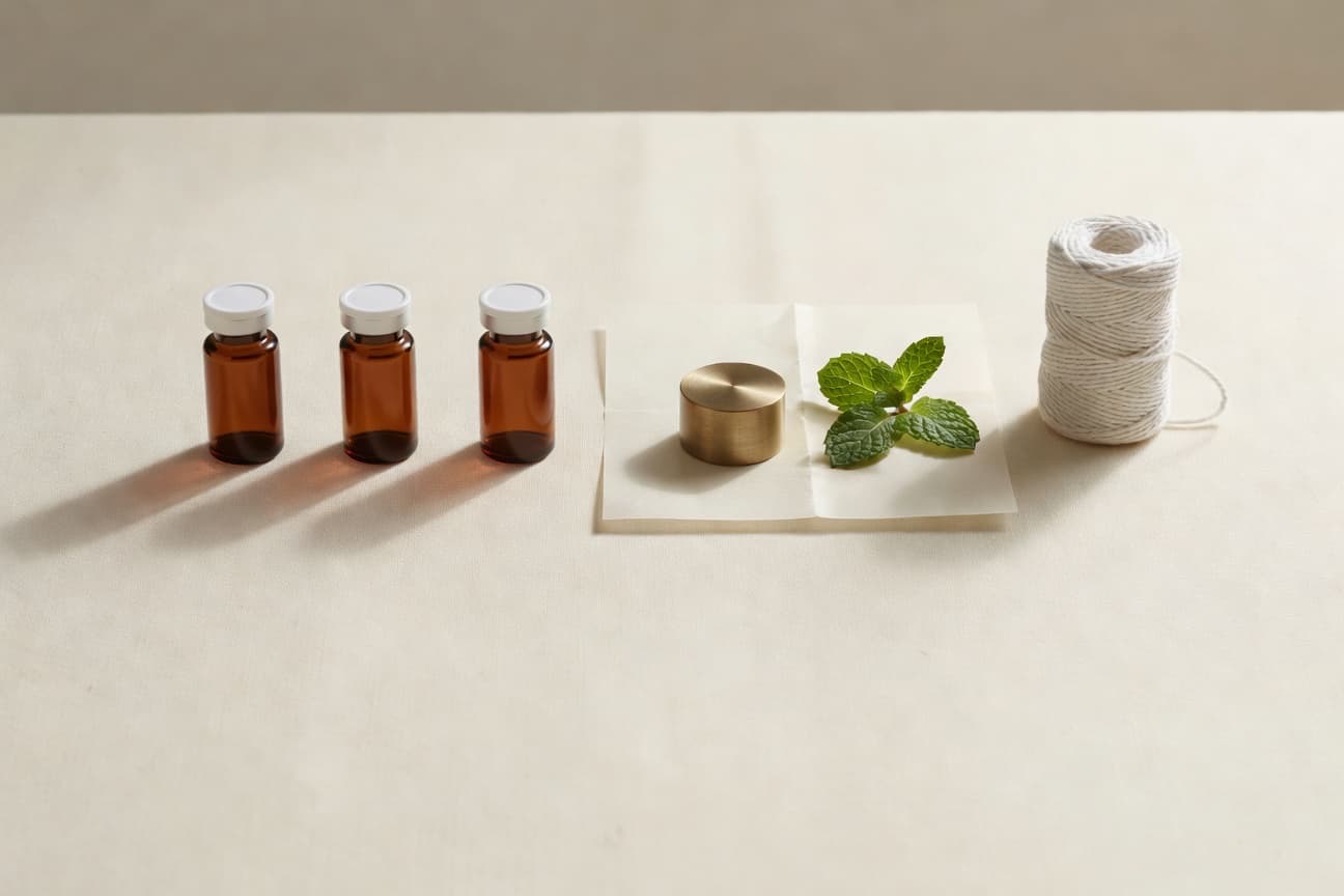 A pharmacy fulfillment bench — three amber prescription vials, a brushed brass calibration weight, glassine paper, and a spool of cotton twine