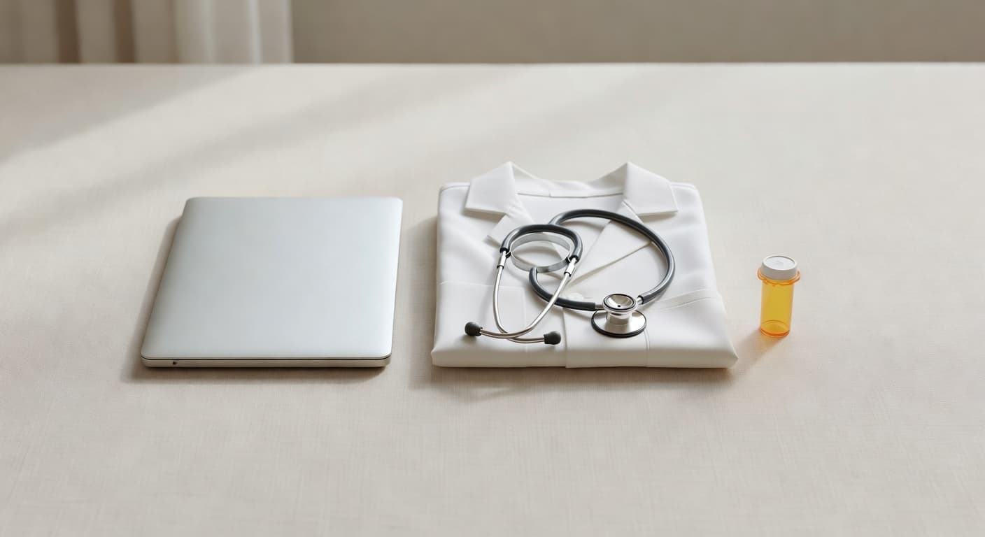 A laptop, a stethoscope on a folded white coat, and a single prescription vial — the three pillars of modern telehealth