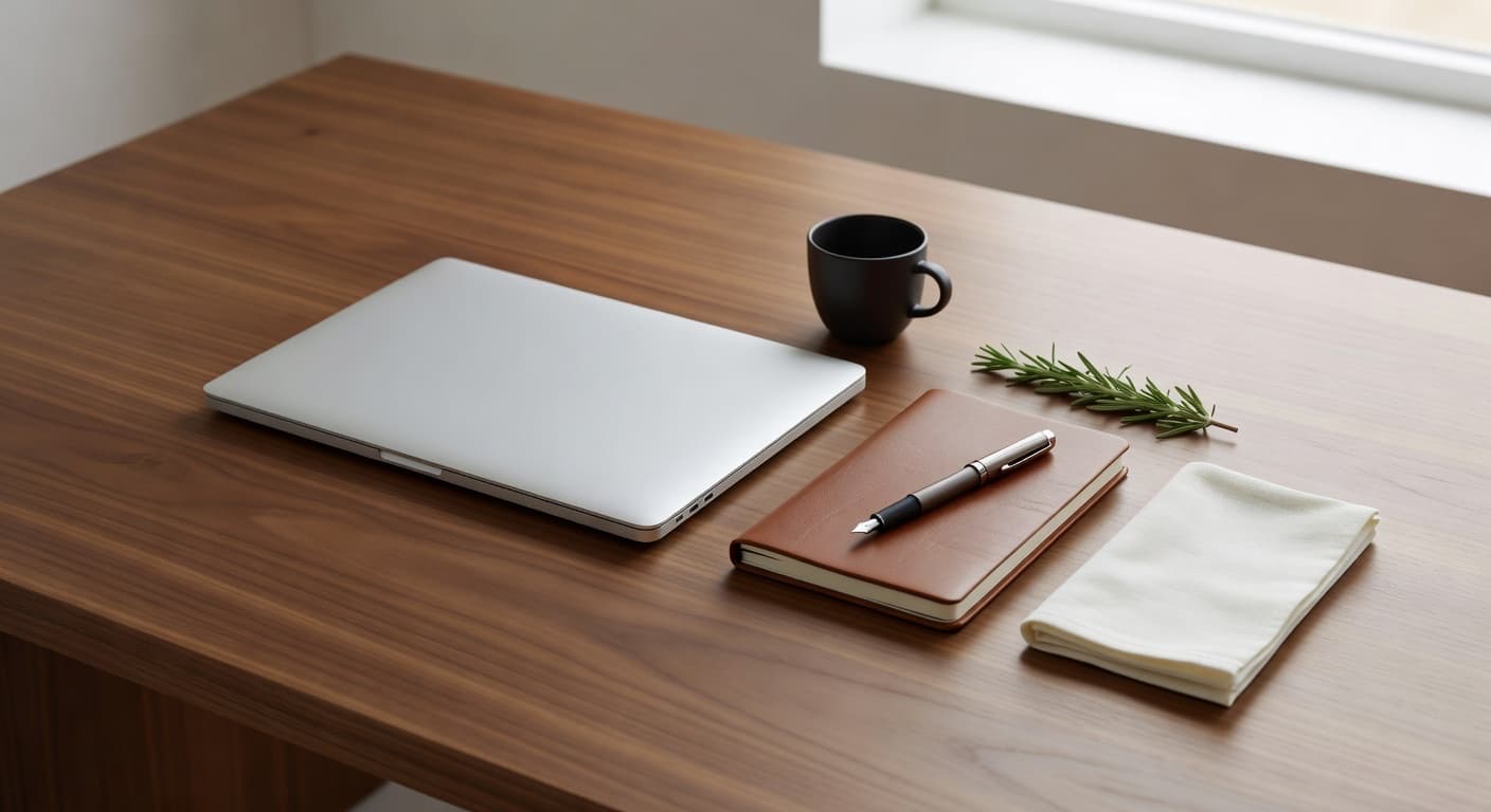 A clinician's calm workspace — a closed laptop on a walnut desk beside a leather notebook and an espresso cup