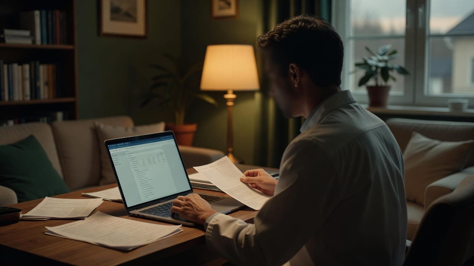 A physician reviewing patient records on a laptop in a home study
