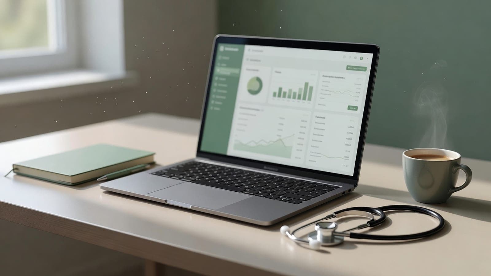 A laptop showing a clinical dashboard beside a stethoscope and notebook